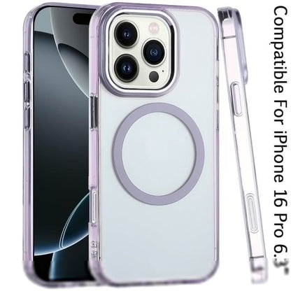 For Apple iPhone 16 Pro Transparent Back Hybrid Case - Magnetic Circle, Color Frame, Metal Buttons, MagSafe Compatible Case Cover