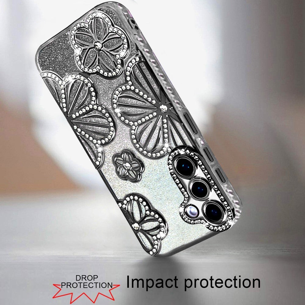 For Samsung Galaxy S26 Luxury Flower Design Sparkle Glitter Diamond Rhinestone Shimmer Bling Plating Thick TPU Hard PC Case Cover