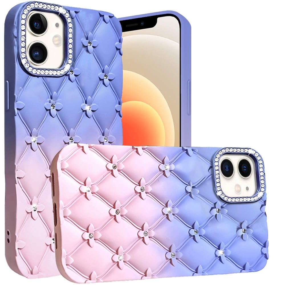 For iPhone 12 / iPhone 12 Pro (6.1") Fashion Flower Design Sparkle Glitter Shimmer Rhinestone Bling Floral Accents, Leather Texture TPU Case Cover