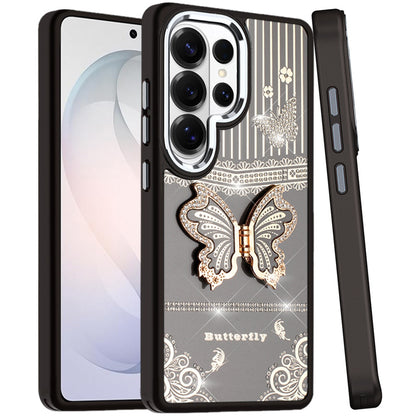 For Samsung Galaxy S26 Ultra Glitter 3D Butterfly Design Bling Metallic Edge Hybrid Stand Drop Protection TPU Shockproof Case Cover
