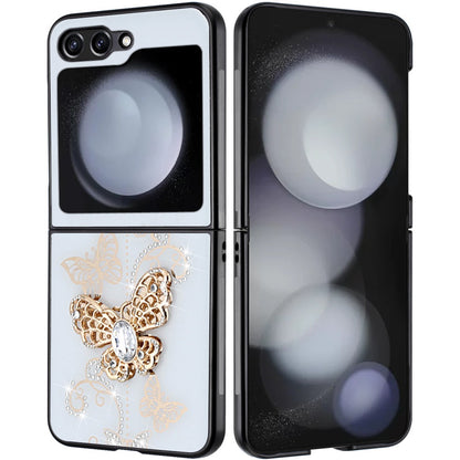 For Samsung Galaxy Z Fold 7 Diamonds 3D Butterfly Bling Sparkly Glitter Ornaments Engraving Hybrid Metal Fashion Case Cover White Garden Butterflies