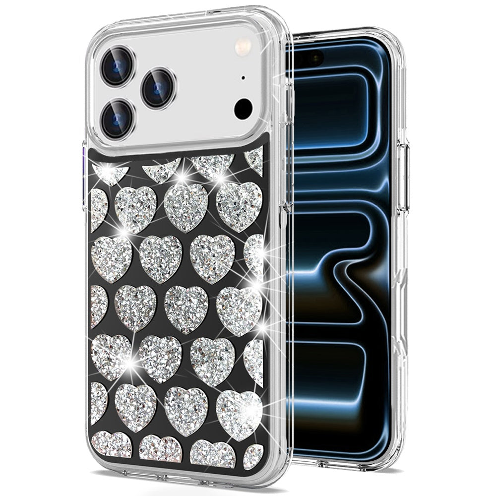 For Apple iPhone 17 Pro Max Sparkly 3D Design Diamond Shockproof Protective Bling Glitter Rhinestone Hybrid Skin PC & TPU Case Cover