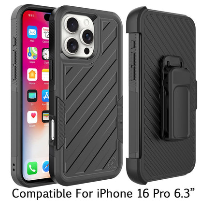 For Apple iPhone 16 Pro (6.3") Combo Hybrid lined with Belt Clip Holster Armor Shockproof Rugged Textured 2in1 Non Slip Tough Case Cover Black / Black