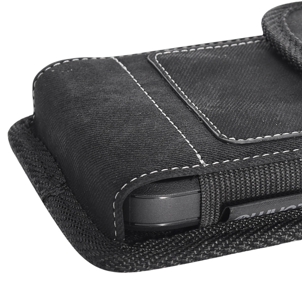 For Apple iPhone 16 (6.1") Universal Vertical Denim Fabric Case Holster with 2 Card Slots, Pen Holder, Belt Clip Loop & Hook Carrying Medium Phone Pouch [Black Denim]