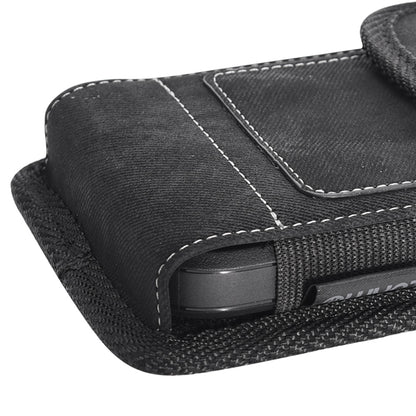 For Apple iPhone 16 (6.1") Universal Vertical Denim Fabric Case Holster with 2 Card Slots, Pen Holder, Belt Clip Loop & Hook Carrying Medium Phone Pouch [Black Denim]
