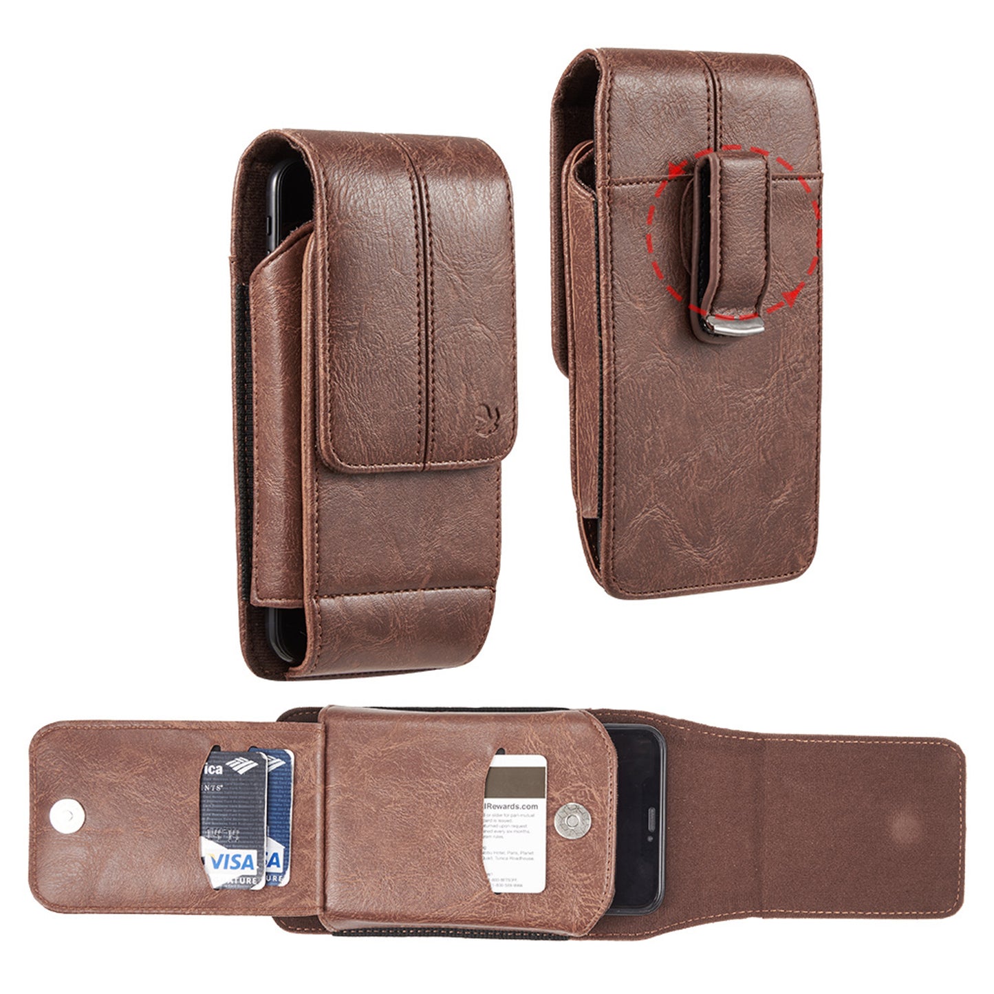 For Apple iPhone 16 Pro (6.3") Universal Vertical Leather Case Holster with 360° Rotation Belt Clip & Credit Card Slots Holder Phone Carrying Phone Waist Pouch [Brown]