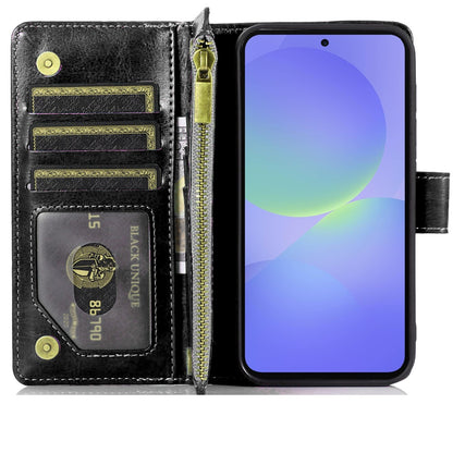 For Samsung Galaxy A37 Leather Wallet Case with Zipper, 9 Card Slots, Cash Pocket, Stand & Strap, Clutch Pouch Design Case Cover Black