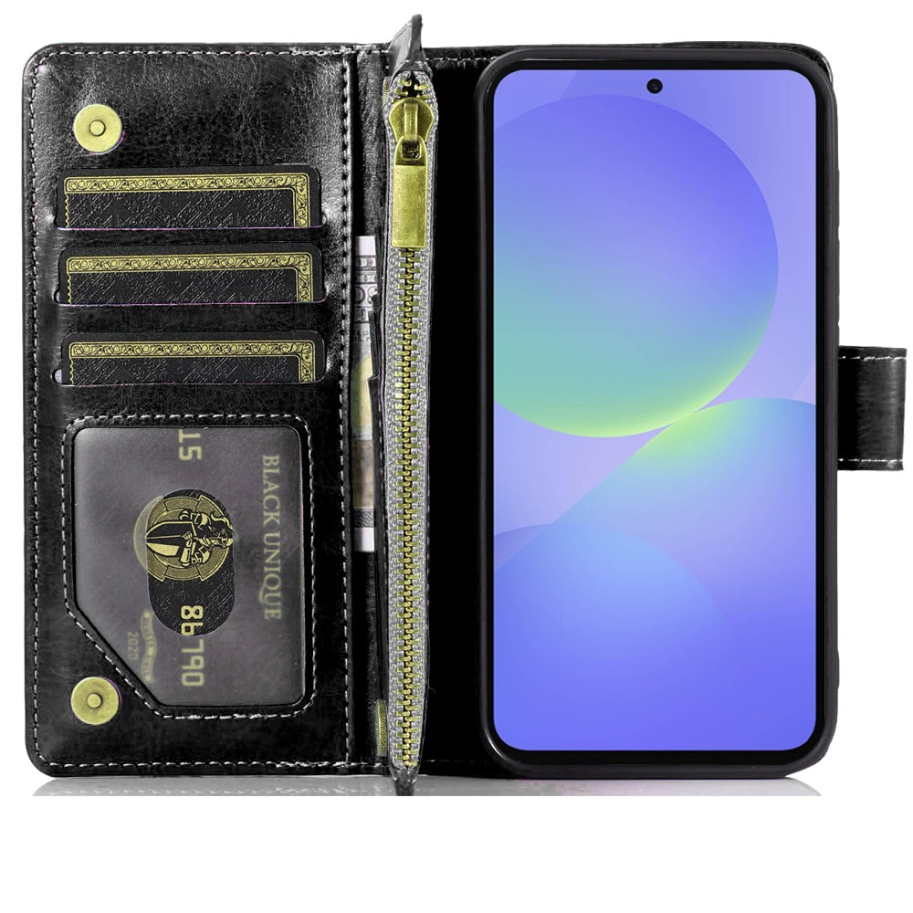 For Samsung Galaxy A57 Leather Wallet Case with Zipper, 9 Card Slots, Cash Pocket, Stand & Strap, Clutch Pouch Design Case Cover Black