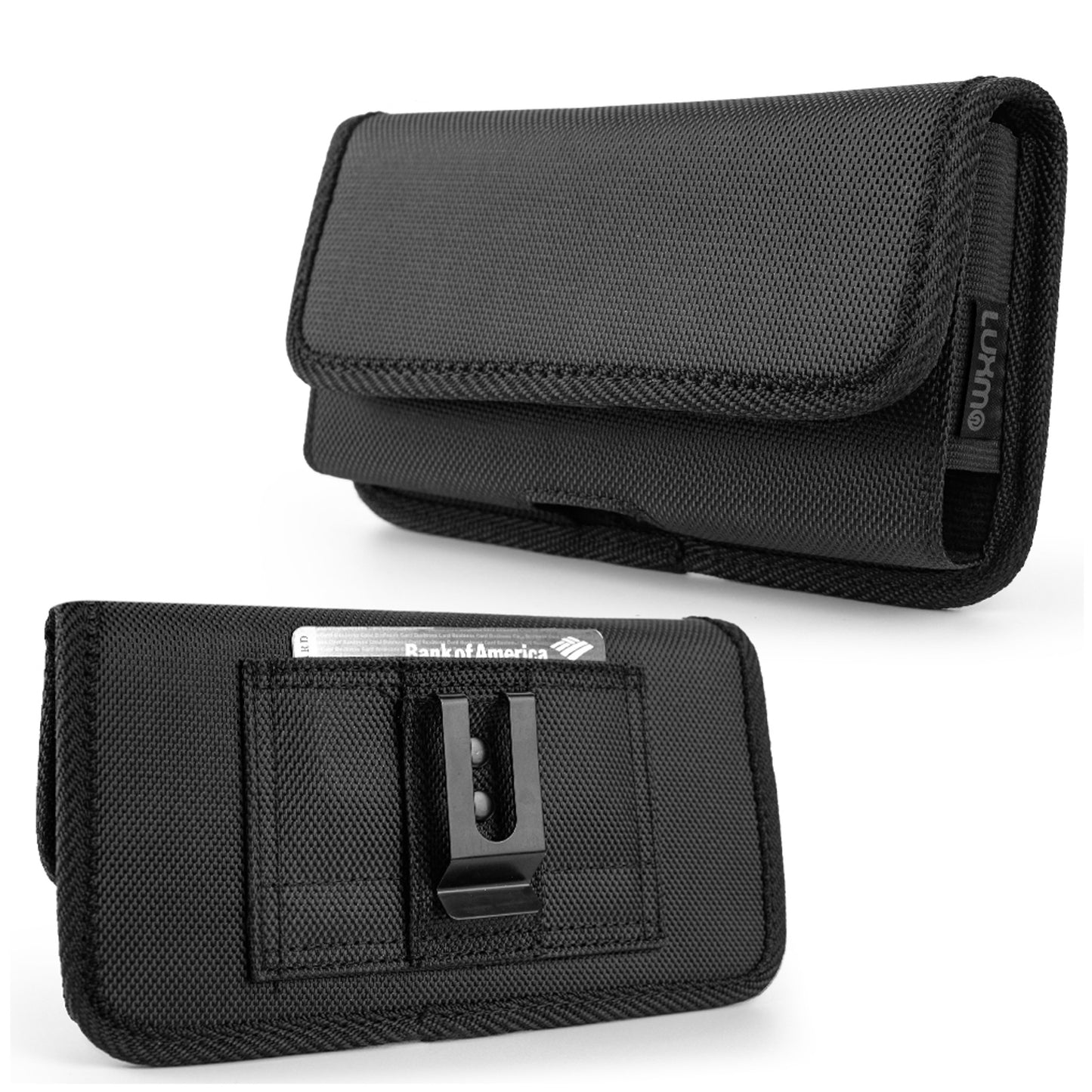For Apple iPhone 16 Plus (6.7") Universal Horizontal Cell Phone Case Fabric Holster Carrying Pouch with Belt Clip and 2 Card Slots fit XXL Devices [Black]