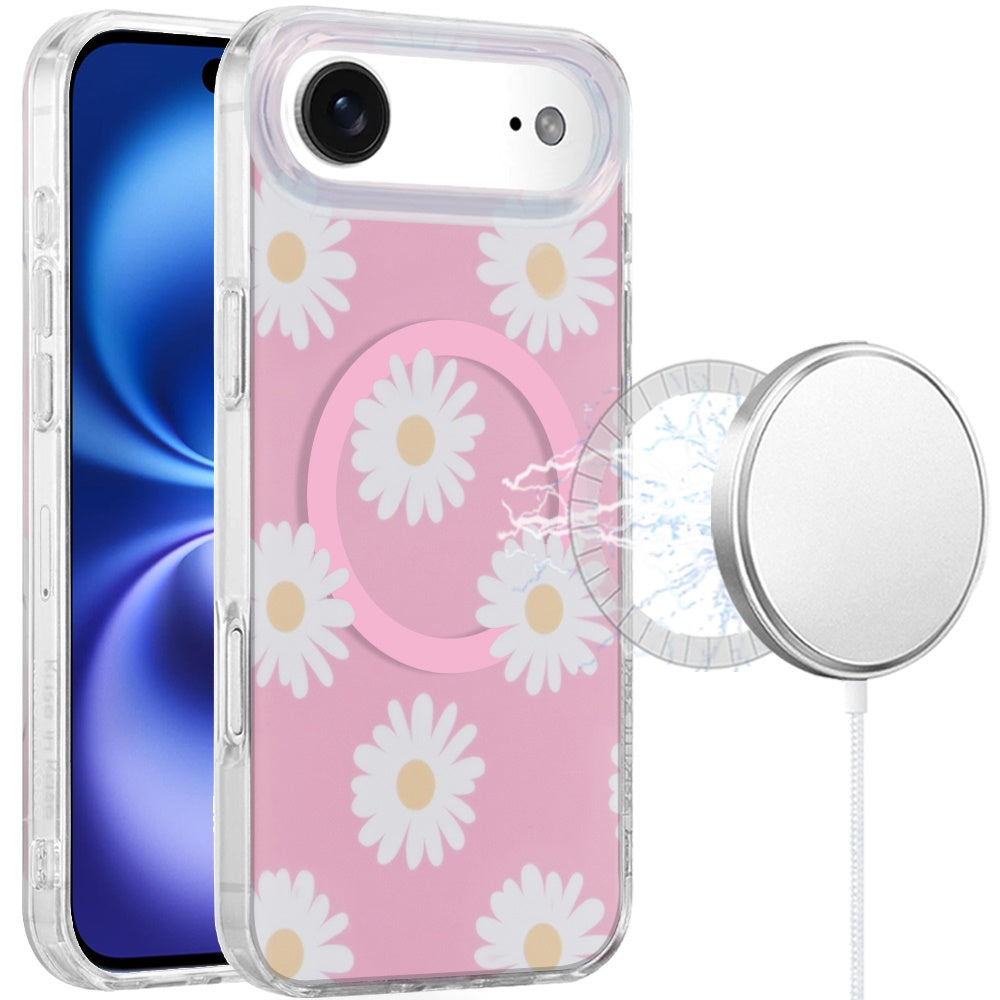 For Apple iPhone 17 Pro Max Stylish Pattern Fashion IMD Printed Design TPU Double Layer Slim Shockproof with Magnetic Back Case Cover Daisy Aster Flower