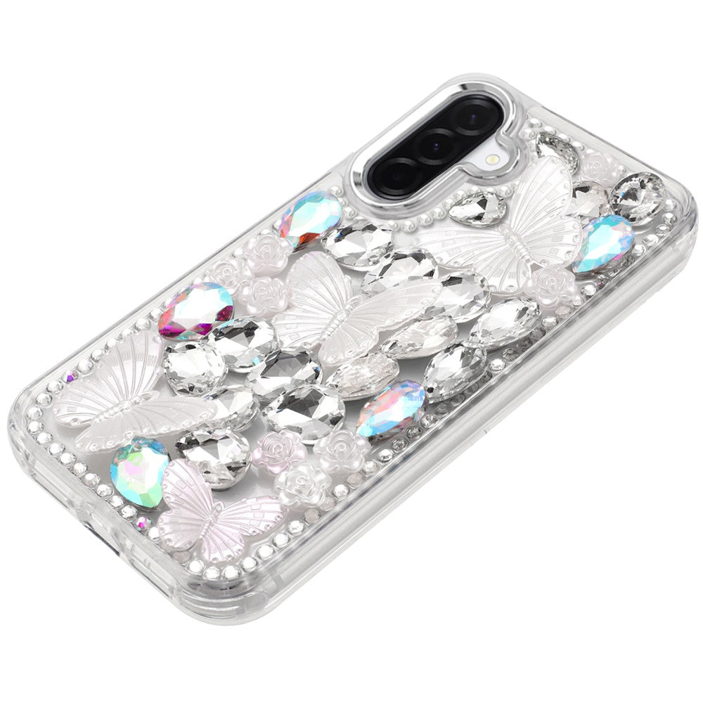 For Samsung Galaxy A57 3D Diamond Floral Butterfly Bling Stone Hybrid, Sparkly Rhinestone Gemstone Back Shockproof Case Cover