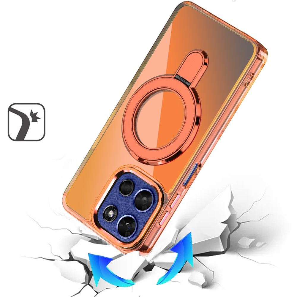 For Motorola Moto G Stylus 5G 2026 /2025 Chrome Hybrid with Rotating Magnetic Circle Ring Stand, Slim Shockproof Hybrid Case Cover Cosmic Orange