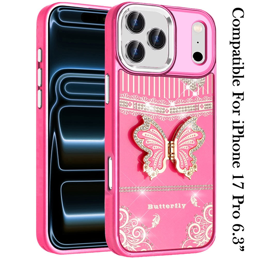 For Apple iPhone 17 Pro (6.3") Glitter 3D Butterfly Design Bling Metallic Edge Hybrid Stand Drop Protection TPU Shockproof Case Cover