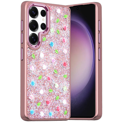 For Samsung Galaxy S23 Ultra Floral Design Embedded Glass Diamond Fancy Fashion Glitter Bling Sparkly Hybrid Rugged TPU Bumper Case Cover