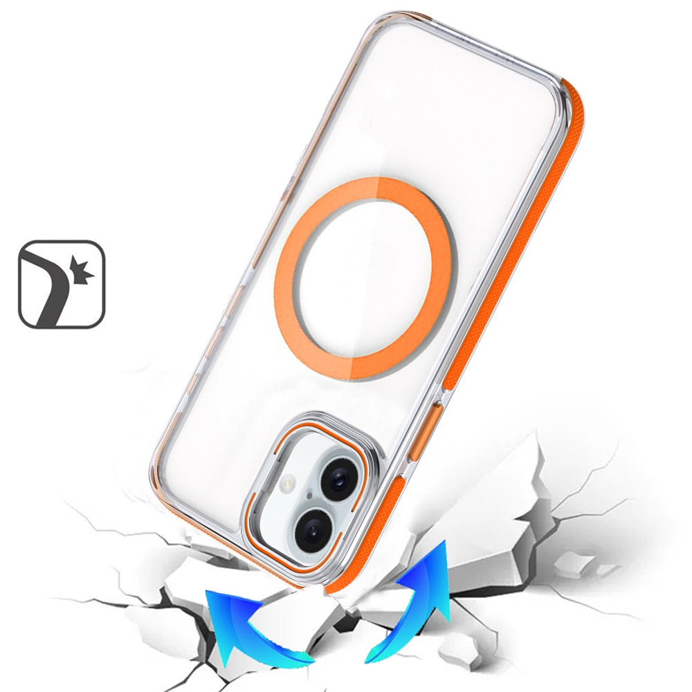 For Apple iPhone 17 (6.3") Hybrid Clear Back Case with Invisible Camera Bracket Stand, MagSafe Magnetic Circle, Shockproof Color Frame Case Cover Cosmic Orange