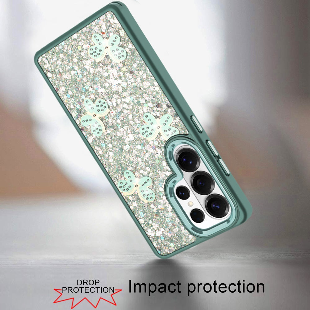 For Samsung Galaxy S25 Ultra Cute Butterfly Crystal Diamond Glitter Case Sparkle Bling Frame Metallic Edges, Shimmer TPU Hybrid Case Cover Teal