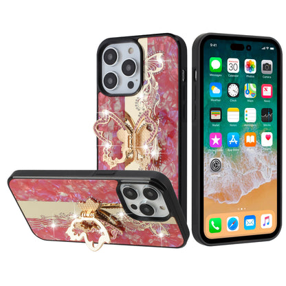 For Apple iPhone 16 Pro (6.3") Diamond Bling Sparkly 3D Back Ornaments Engraving Hybrid with Stand Fashion Case Cover Enchanted Butterfly Red