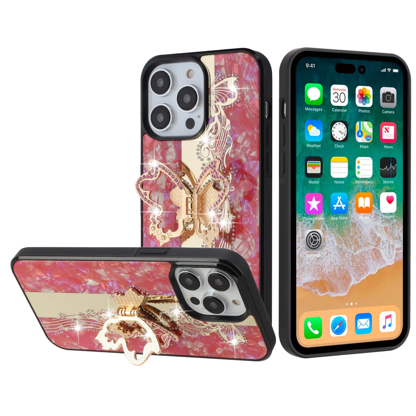 For Apple iPhone 16 Pro Max (6.9") Diamond Bling Sparkly 3D Back Ornaments Engraving Hybrid with Stand Fashion Case Cover Enchanted Butterfly Red