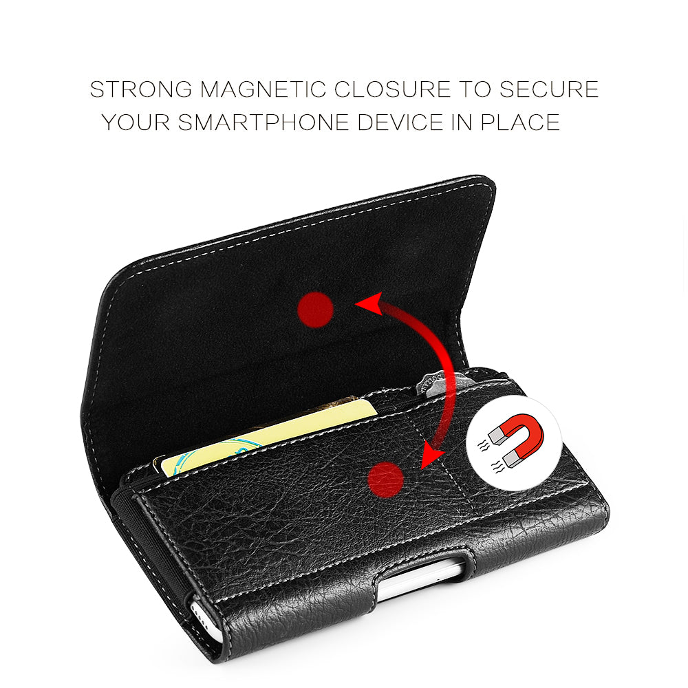 For Apple iPhone 16 Plus (6.7") Universal Horizontal Cell Phone Leather Pouch Holster Carrying Case with Credit Card Slots & Belt Clip Loop Size 7" [Black]