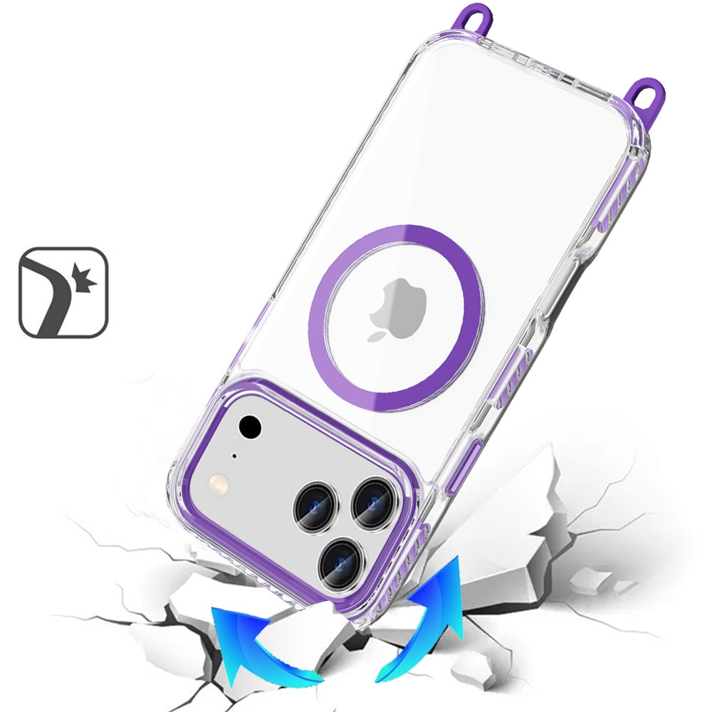 For Apple iPhone 17 Pro Max (6.9") Clear Magnetic Frame PC Back Shockproof Protective Case with Detachable Lanyard Strap, Compatible with MagSafe Case Cover Dark Purple