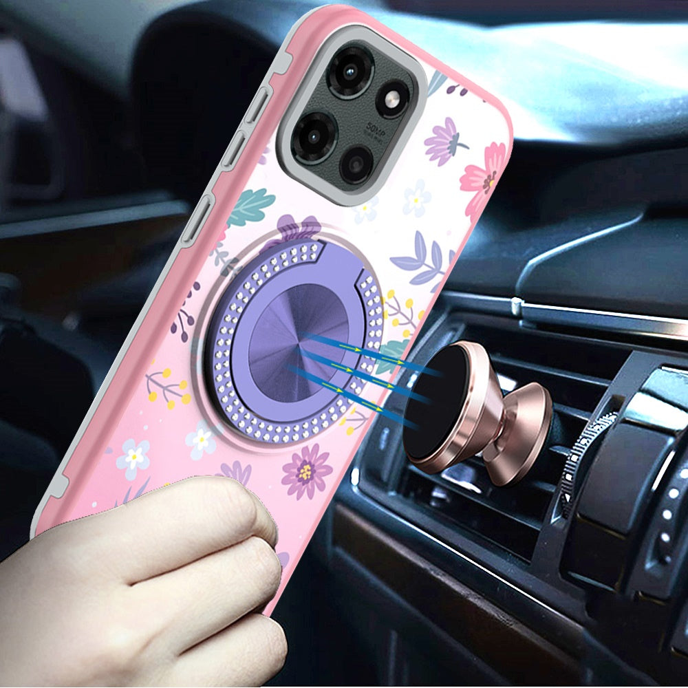 For Motorola Moto G 5G 2025 Pattern Design Hybrid with Invisible Ring Stand & Magnetic Back, Shockproof Protective Grip Case Cover