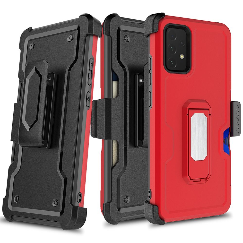 For Samsung Galaxy A16 5G Full-Body Hybrid Heavy Duty Armor Case with Belt Clip Holster, Credit Card Holder & Kickstand Case Cover Red