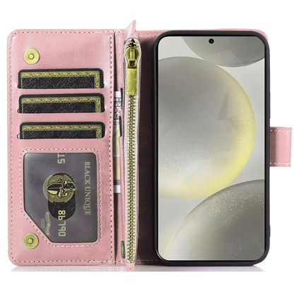 For Samsung Galaxy S25 Ultra Leather Wallet Case with Zipper, 9 Card Slots, Cash Pocket, Stand & Strap, Clutch Pouch Design Case Cover Rose Gold