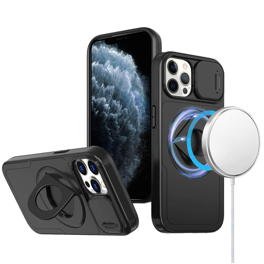 For Apple iPhone 12 Pro Max Full Coverage with Camera Window, Magnetic Circle, Rotatable Ring Stand, MagSafe Compatible, Shockproof Hybrid Protectiv Case Cover
