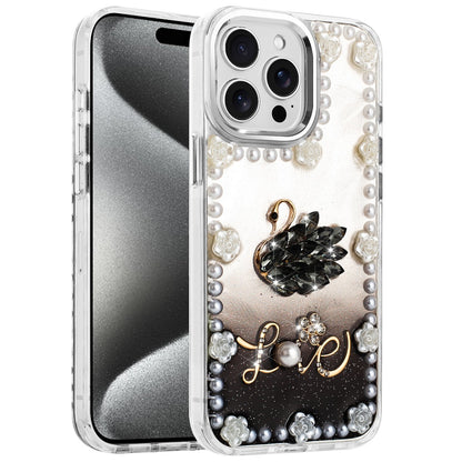For Apple iPhone 13 Pro Max Bling Fashion Design with 3D Pearls Epoxy Glitter Ornaments Chrome Edge Hard Slim PC Case Cover