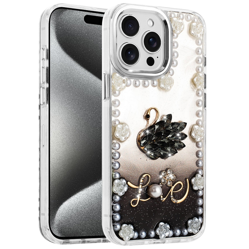 For Apple iPhone 16 Pro Max Bling Fashion Design with 3D Pearls Epoxy Glitter Ornaments Chrome Edge Hard Slim PC Case Cover