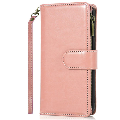 For Samsung Galaxy A37 Leather Wallet Case with Zipper, 9 Card Slots, Cash Pocket, Stand & Strap, Clutch Pouch Design Case Cover Rose Gold