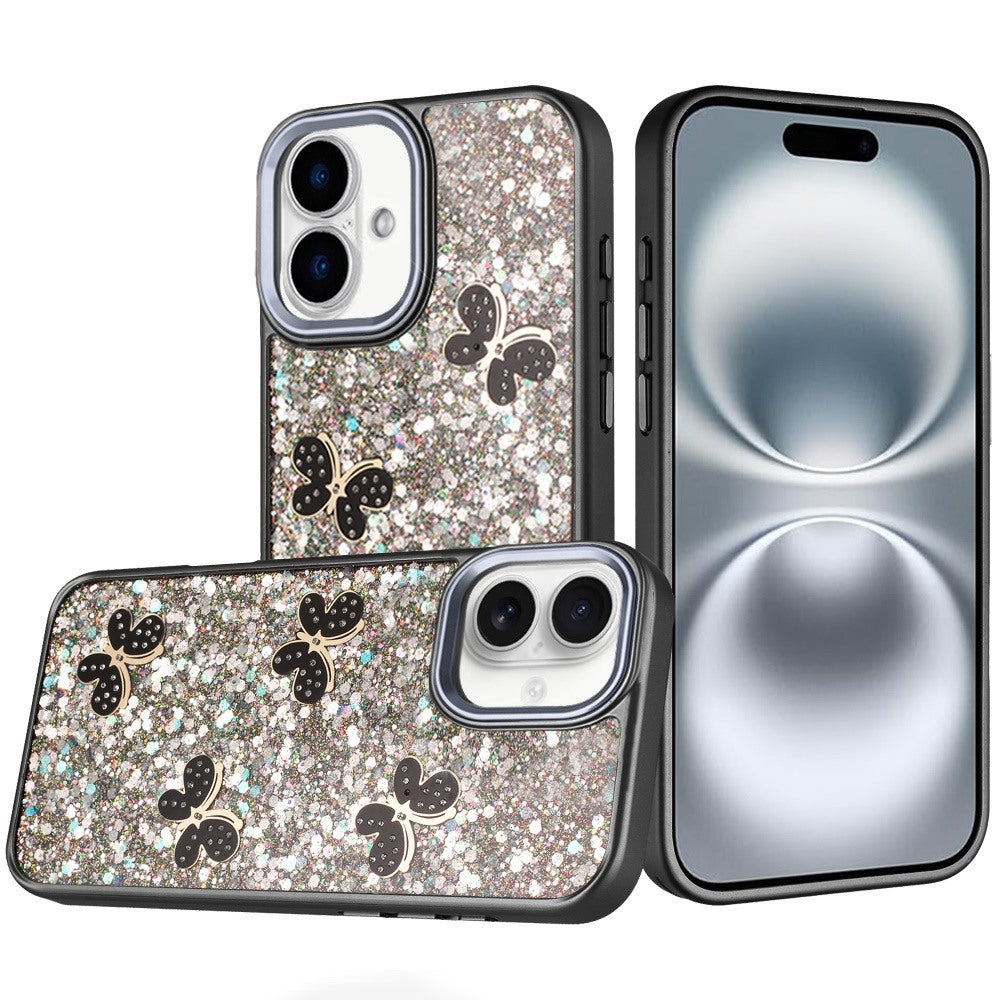 For iPhone 16 (6.1") Cute Butterfly Crystal Diamond Glitter Case Sparkle Bling Frame Metallic Edges, Shimmer TPU Hybrid Case Cover