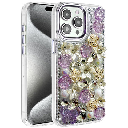 For Apple iPhone 15 Pro Max 3D Diamond Floral Roses Flower Bling Stone Hybrid, Sparkly Rhinestone Gemstone Back Shockproof Case Cover Green