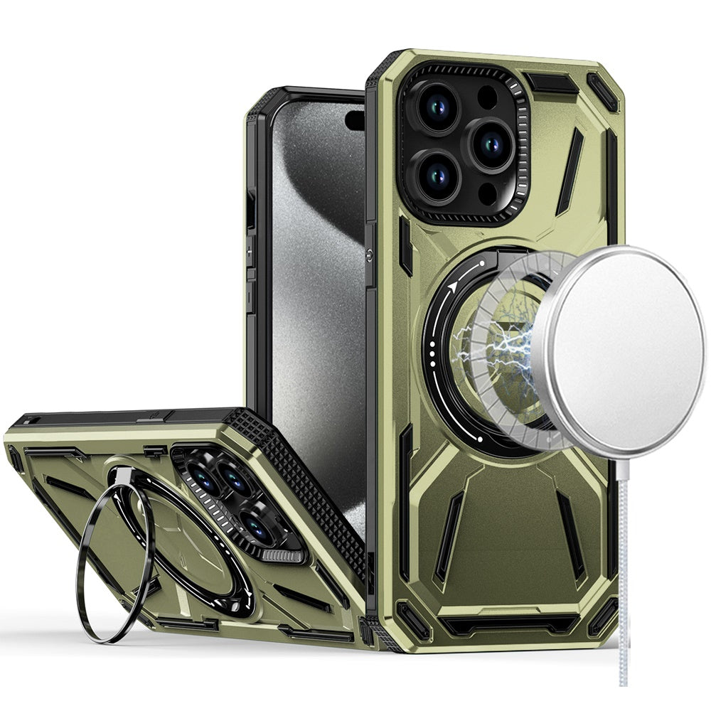 For Apple iPhone 15 Pro Max Hybrid Magnetic Ring and 360° Rotational Kickstand with MagSafe Compatible, Military Grade Drop Protection Case Cover Midnight Green