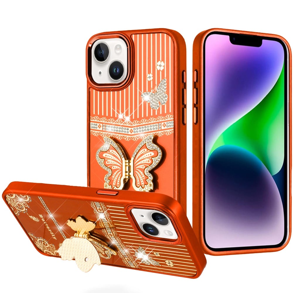 For iPhone 12 / iPhone 12 Pro (6.1") Glitter 3D Butterfly Design Bling Metallic Edge Hybrid Stand Drop Protection TPU Shockproof Case Cover Cosmic Orange