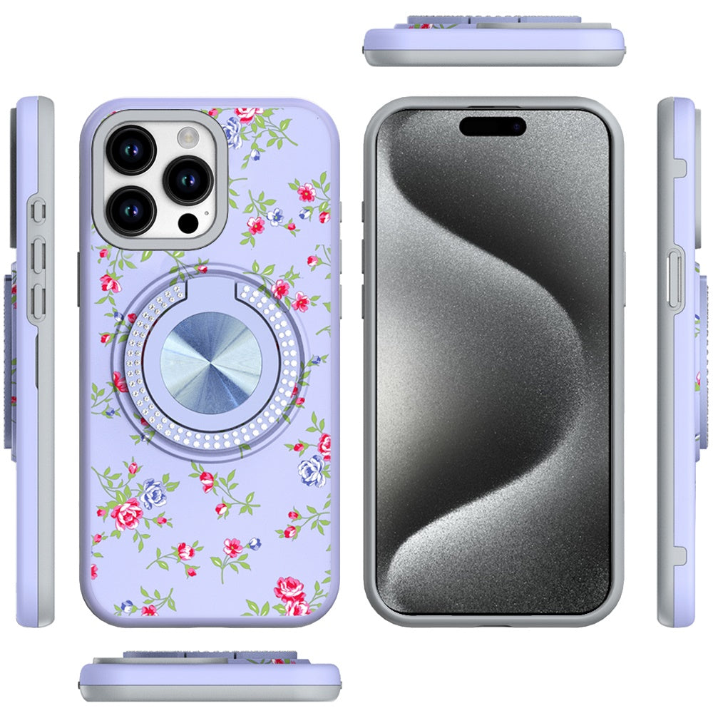 For Apple iPhone 16 Pro Max (6.9") Pattern Design Hybrid with Invisible Ring Stand & Magnetic Back, Shockproof Protective Grip Case Cover