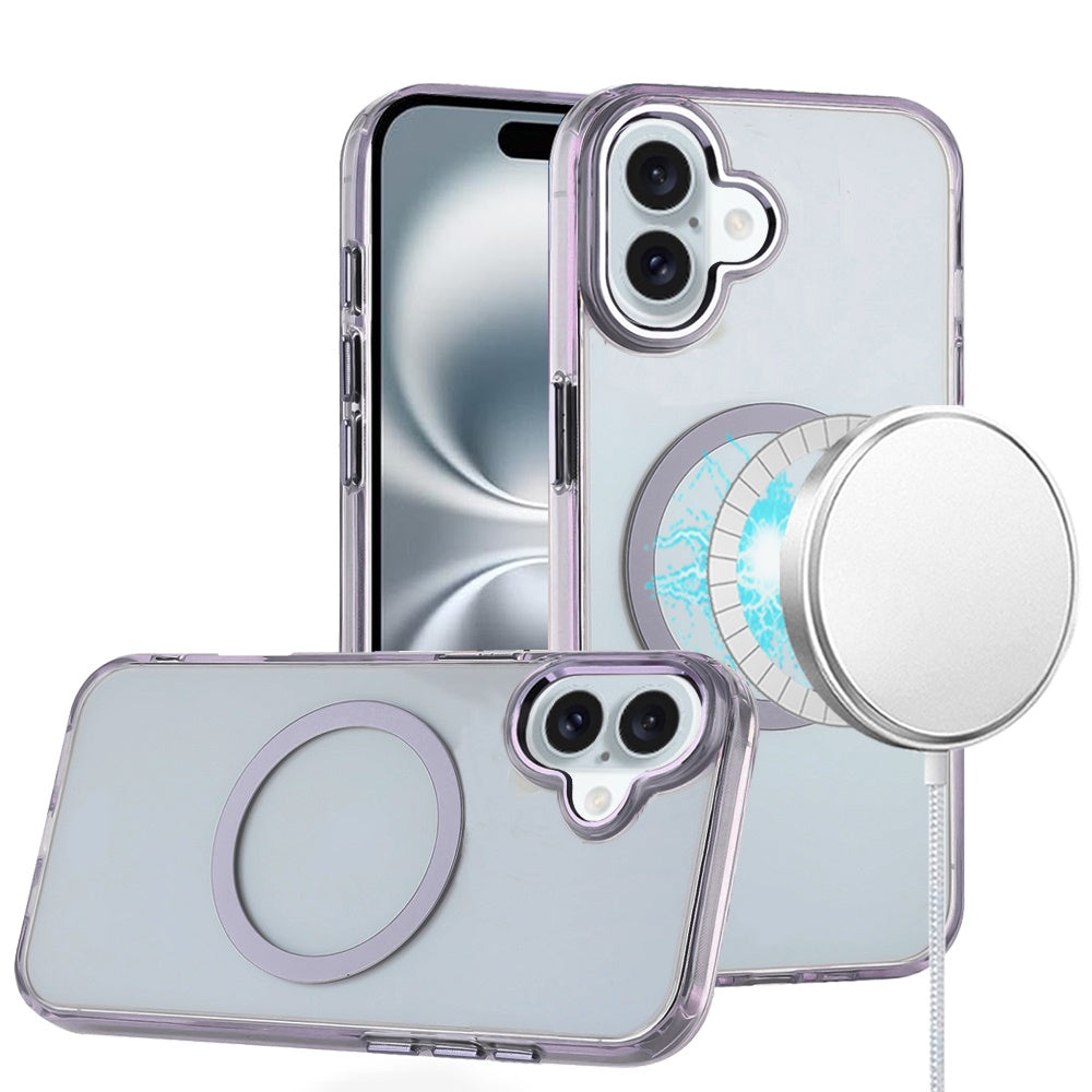 For Apple iPhone 16 (6.1") Transparent Back Hybrid Case - Magnetic Circle, Color Frame, Metal Buttons, MagSafe Compatible Case Cover Light Purple
