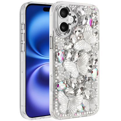 For Apple iPhone 17 (6.3") 3D Diamond Floral Butterfly Bling Stone Hybrid, Sparkly Rhinestone Gemstone Back Shockproof Case Cover