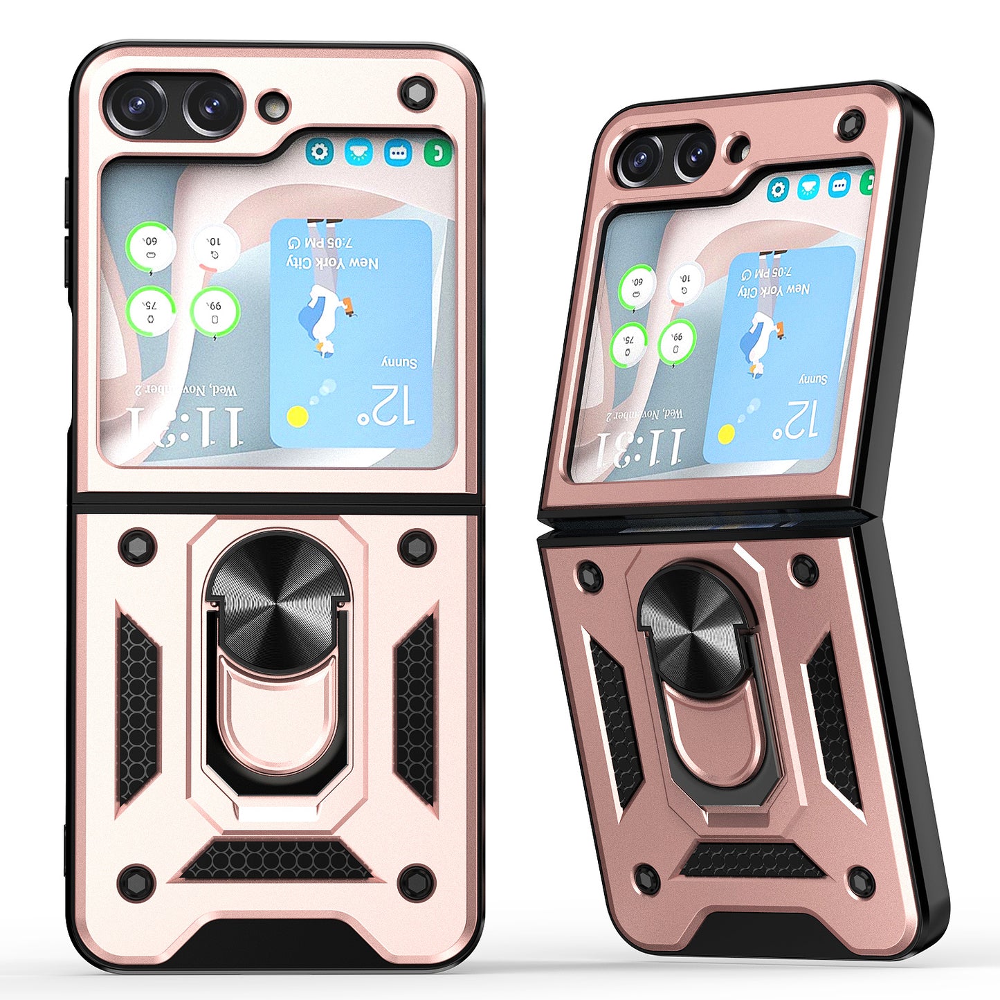 For Samsung Galaxy Z Flip 5 Magnetic Ring Stand Camera Protection Shock Resistant Hybrid Durable Grip Kickstand Function for Flip Series Case Cover Rose Gold
