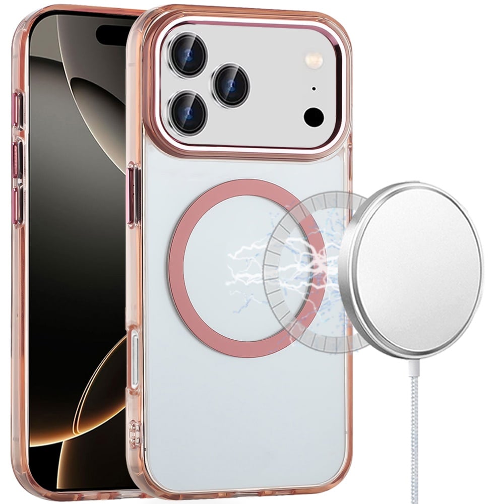 For Apple iPhone 17 Pro (6.3") Transparent Back Hybrid Case - Magnetic Circle, Color Frame, Metal Buttons, MagSafe Compatible Case Cover