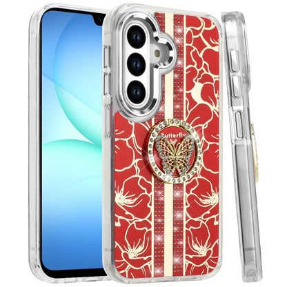 For Samsung Galaxy S25 Fan Edition /Galaxy S25 FE Diamonds 3D Butterfly Floral Design Bling Sparkly Glitter Hybrid Metal Fashion with Ring Stand Case Cover