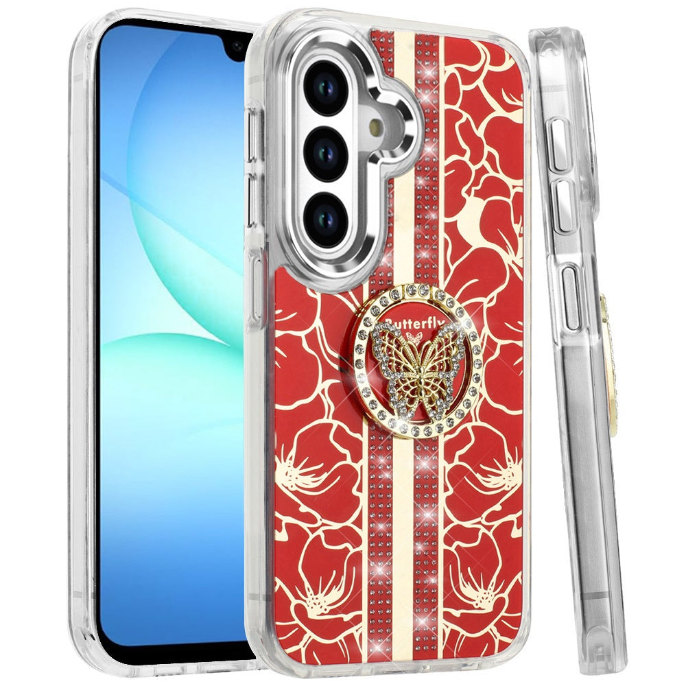For Samsung Galaxy A17 5G Diamonds 3D Butterfly Floral Design Bling Sparkly Glitter Hybrid Metal Fashion with Ring Stand Case Cover