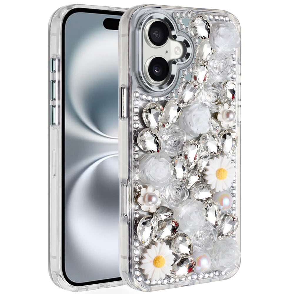For Apple iPhone 16 Plus (6.7") Fashion Daisy Floral Series, Full 3D Bling Crystal Diamonds Sparkling Rhinestone Glitter Hybrid Design Case Cover