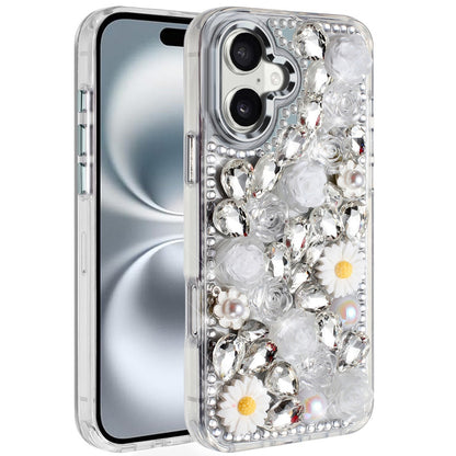 For Apple iPhone 16 Plus (6.7") Fashion Daisy Floral Series, Full 3D Bling Crystal Diamonds Sparkling Rhinestone Glitter Hybrid Design Case Cover