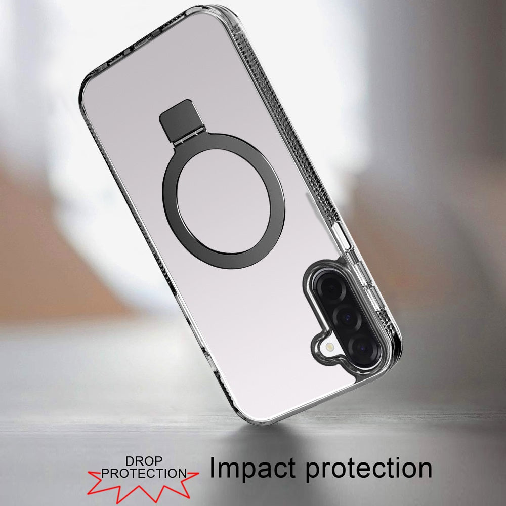 For Samsung Galaxy S25 Fan Edition /Galaxy S25 FE Transparent Magnetic Ring Circle Stand with MagSafe Compatible Hybrid Dotted Edged Hard PC Shockproof Case Cover Black