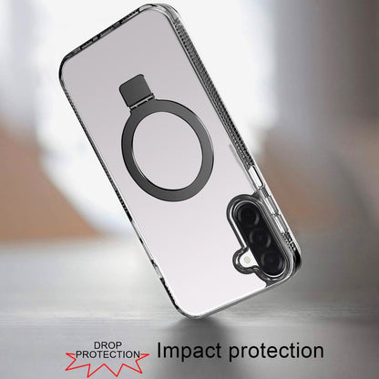 For Samsung Galaxy S25 Fan Edition /Galaxy S25 FE Transparent Magnetic Ring Circle Stand with MagSafe Compatible Hybrid Dotted Edged Hard PC Shockproof Case Cover Black