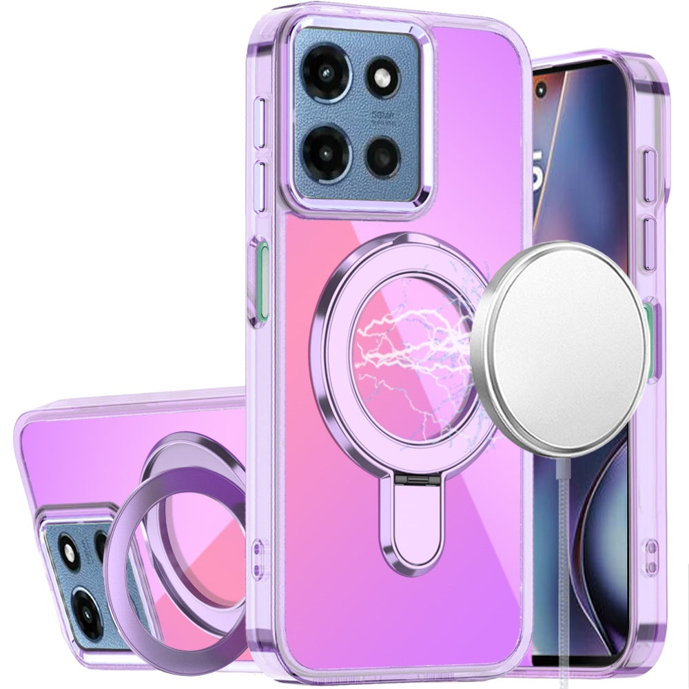 For Motorola Moto G 5G 2025 Chrome Hybrid with Rotating Magnetic Circle Ring Stand, Slim Shockproof Hybrid Case Cover