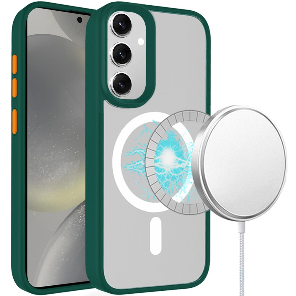 For Samsung Galaxy S24+ Plus Magnetic Circle Hybrid 2mm Shock Protection Durable Grip Color Button Design for Ultra Series Case Cover Midnight Green
