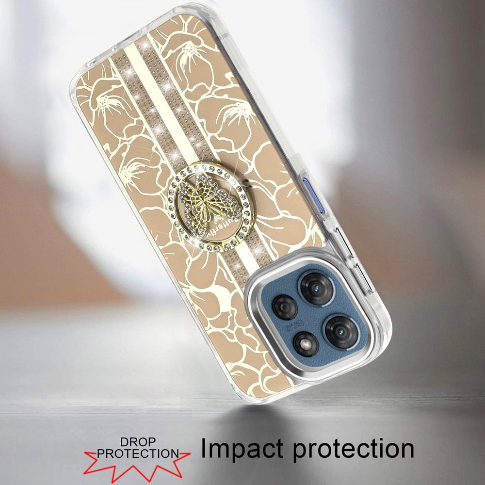 For Motorola Moto G 5G 2025 Diamonds 3D Butterfly Floral Design Bling Sparkly Glitter Hybrid Metal Fashion with Ring Stand Case Cover Gold