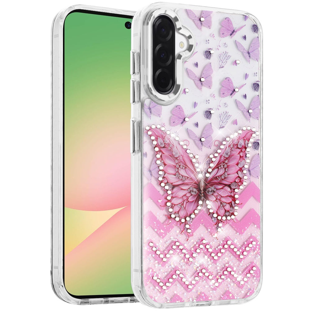 For Samsung Galaxy A57 Butterfly Resin Epoxy Diamond Design Metal Edged Hybrid Shockproof Heavy Duty Drop Protection Case Cover